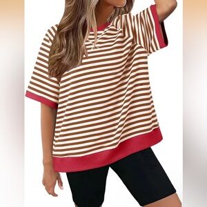 Striped Short-Sleeve Top in Brown and White with Red Trim